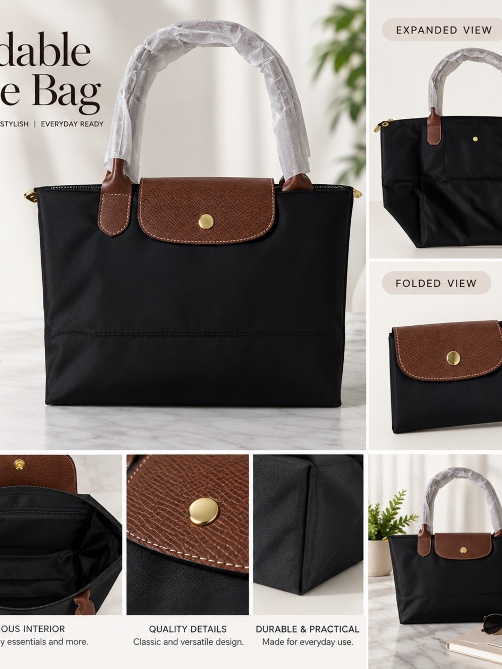 Classic Black Tote with Brown Trim - Women's Foldable Handbag